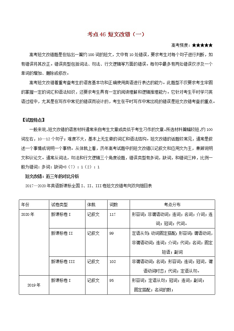 2021届高考英语一轮复习考点46短文改错一考点归纳 试卷01