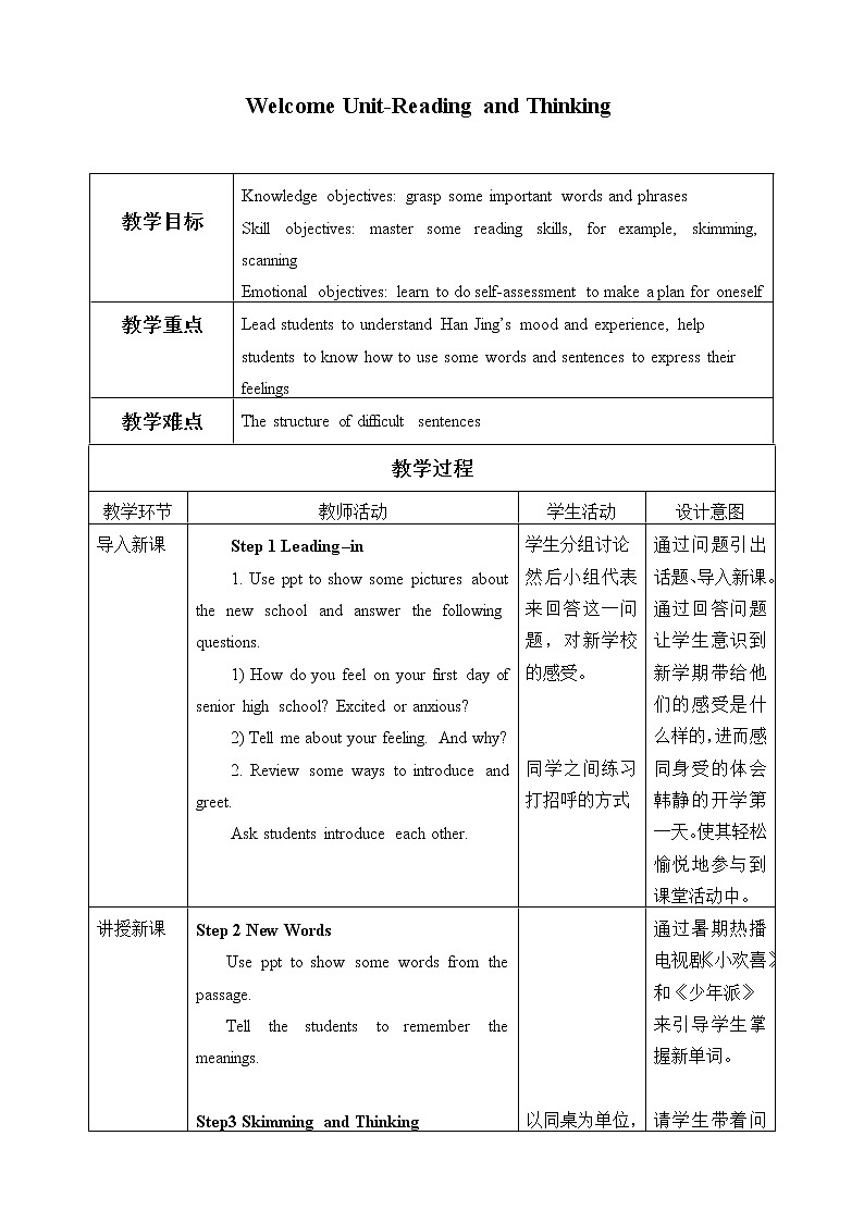 Welcome Unit-Reading and Thinking教案01