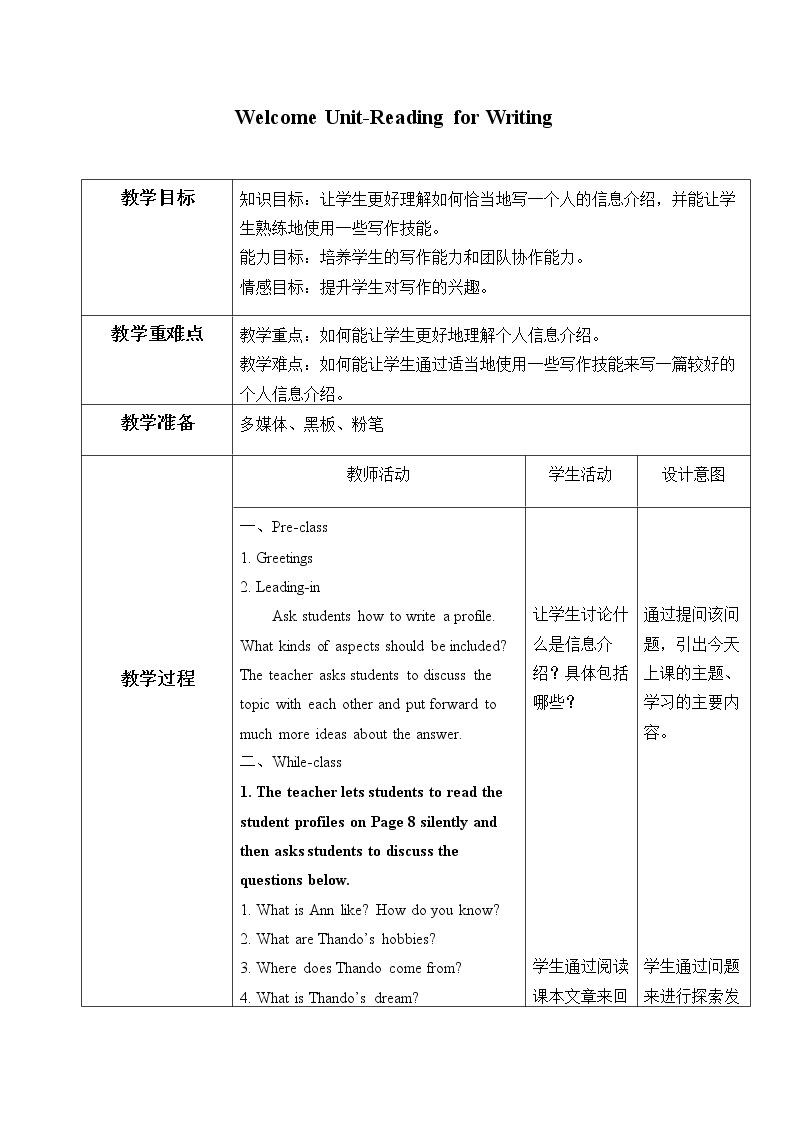 Welcome Unit-Reading for Writing教案01