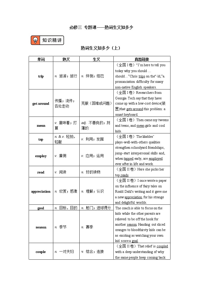 人教版(2019)专题课——熟词生义知多少学案01