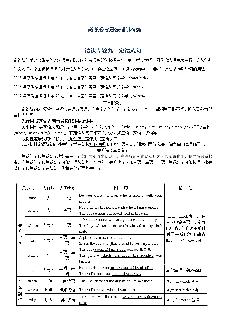 高考必考语法精讲精练专题九:定语从句 Word版含解析01