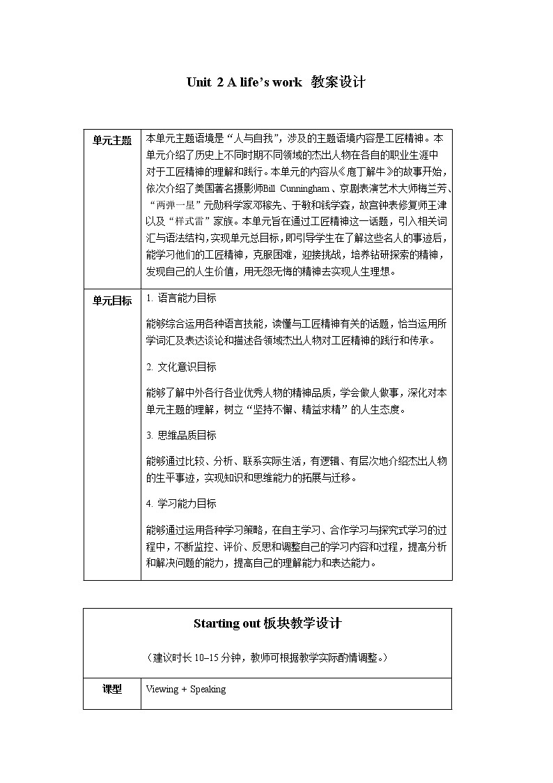 外研版(2019)选择性必修三教案:Unit2 A life's work(全单元)01
