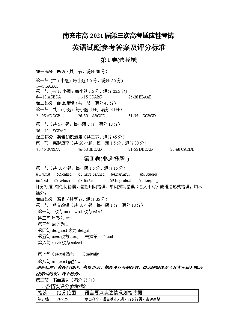 2021南充三診英語答案第1頁