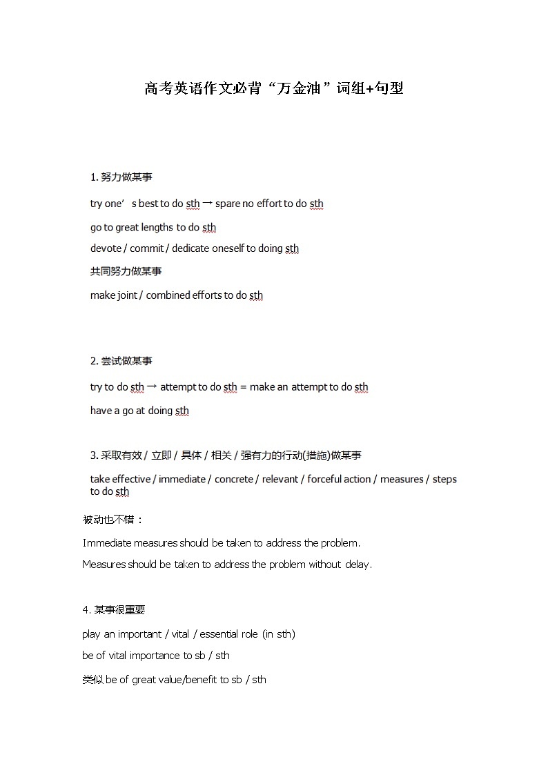 高考英语作文必背“万金油”词组+句型第1页