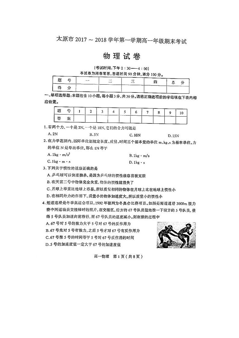 2017-2018学年山西省太原市高一上学期期末考试物理试题(PDF版)01