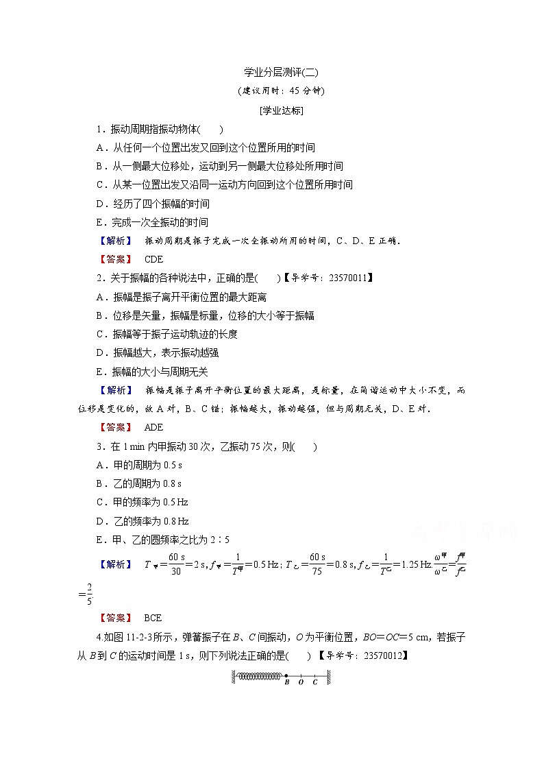 高中物理人教版选修3-4(学业分层测评)第十一章 机械振动 学业分层测评2 word版含答案第1页