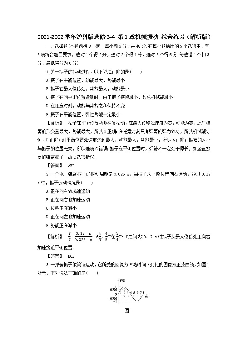 2021-2022学年高中物理沪科版选修3-4 第1章机械振动 综合练习(解析版)01