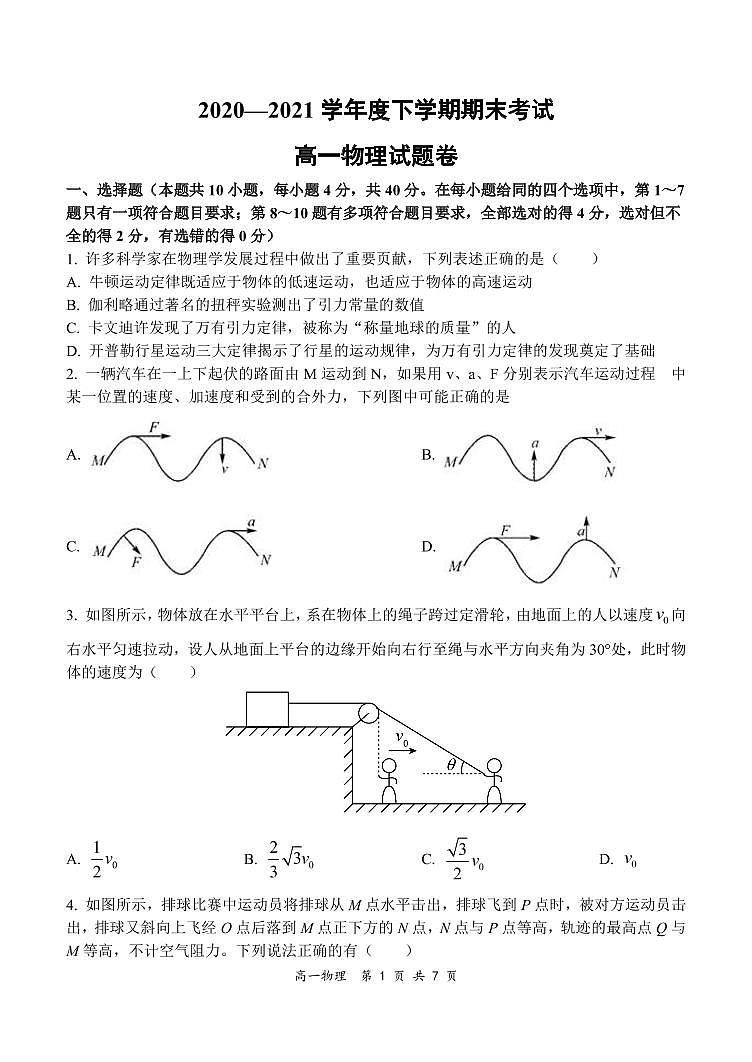 河南省部分名校2020_2021学年高一物理下学期期末考试试题PDF第1页