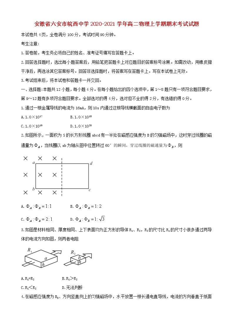 安徽省六安市皖西中学2020_2021学年高二物理上学期期末考试试题01