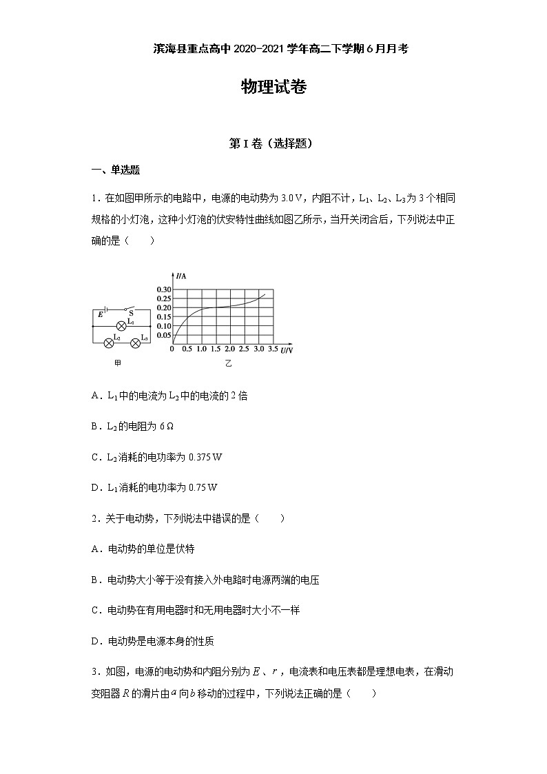 2020-2021学年江苏省盐城市滨海县重点高中高二下学期6月月考物理试题 解析版第1页