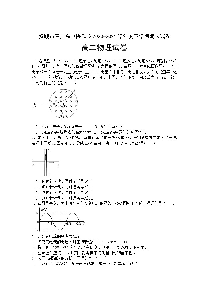 2020-2021学年辽宁省抚顺市重点高中高二下学期期末考试物理试题(Word版)第1页