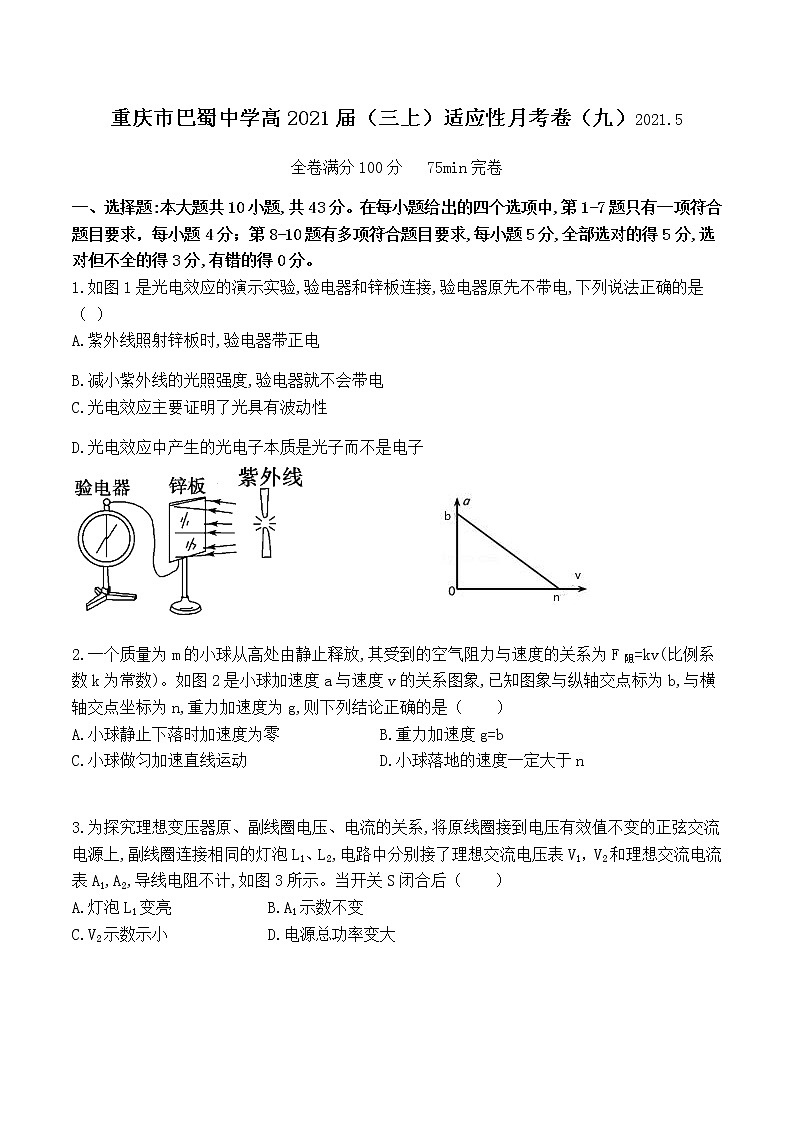 2021届重庆市巴蜀中学高三下学期高考适应性月考卷(九)物理试题01