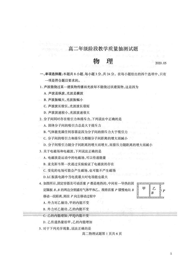 2019-2020学年山东省临沂市兰陵县高二下学期期中考试(5月)物理试题 PDF版第1页