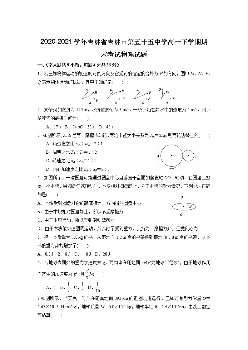 2020-2021学年吉林省吉林市第五十五中学高一下学期期末考试物理试题01