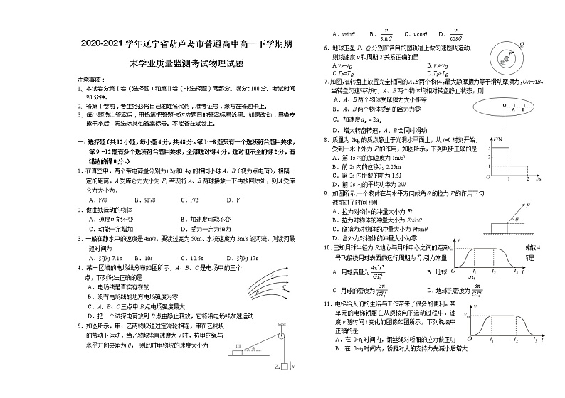 2020-2021学年辽宁省葫芦岛市普通高中高一下学期期末学业质量监测考试物理试题01