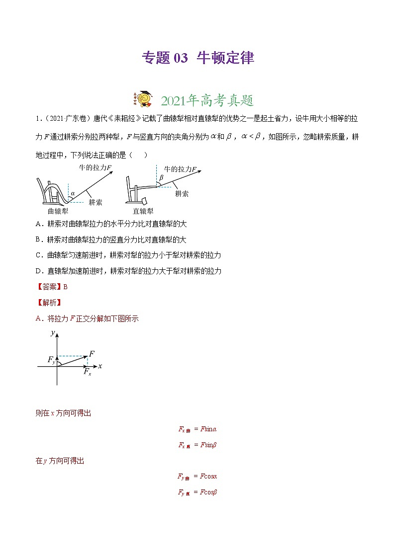 专题03牛顿定律-三年(2019-2021)高考真题物理分项汇编(解析版)01