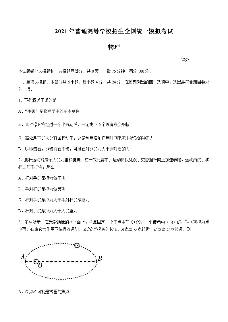河北省唐山市2021届高三下学期普通高等学校招生全国统一模拟考试物理试题+Word版含答案【高考】第1页