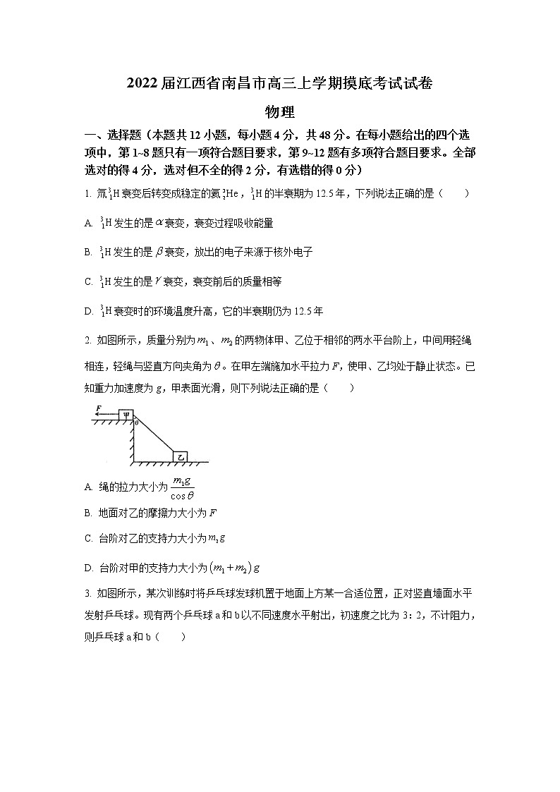 2022届江西省南昌市高三上学期摸底考试物理试题01