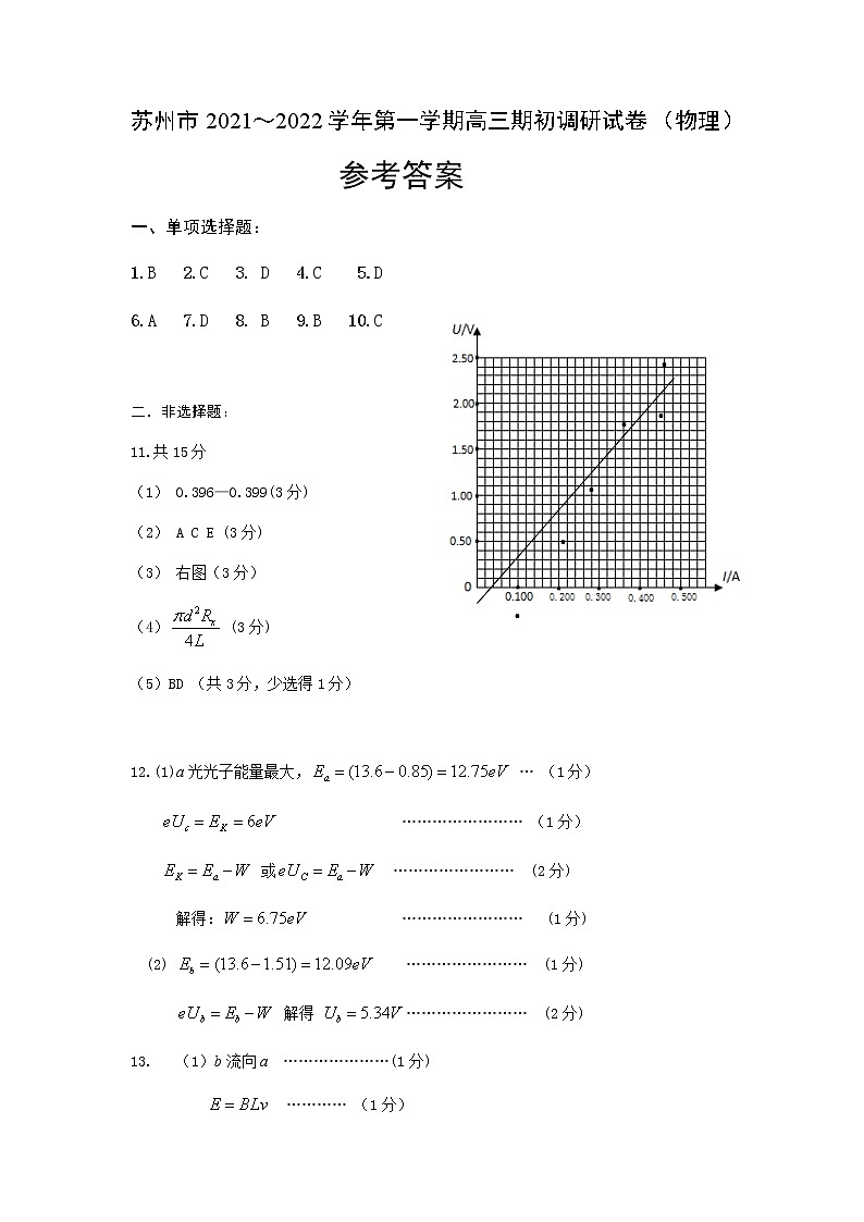 2021-2022学年度第一学期苏州大市高三期初统考物理参考第1页
