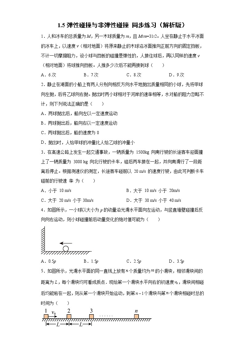 1.5弹性碰撞与非弹性碰撞 同步练习(解析版)-2021-2022学年高二上学期物理人教版(2019)选择性必修第一册第1页