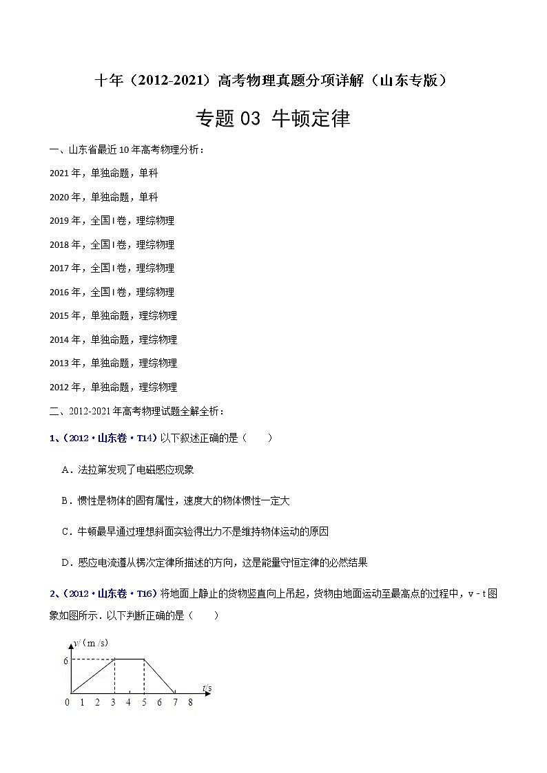 专题03 牛顿定律-十年(2012-2021)高考物理真题分项汇编(山东专版)(原卷版)第1页