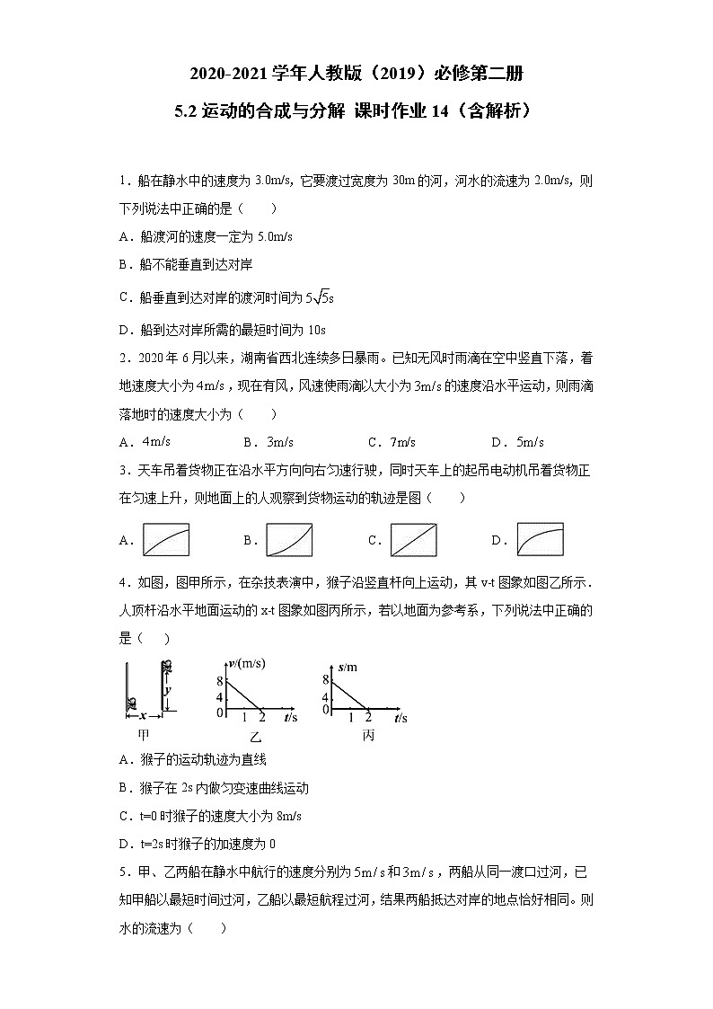 2020-2021学年高中物理新人教版必修第二册 5.2运动的合成与分解 课时作业14(含解析)第1页