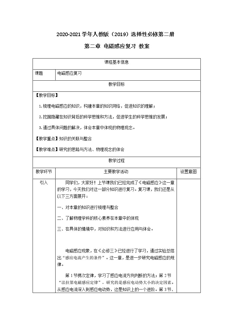 2020-2021学年高中物理新人教版选择性必修第二册 第二章 电磁感应复习 教案第1页