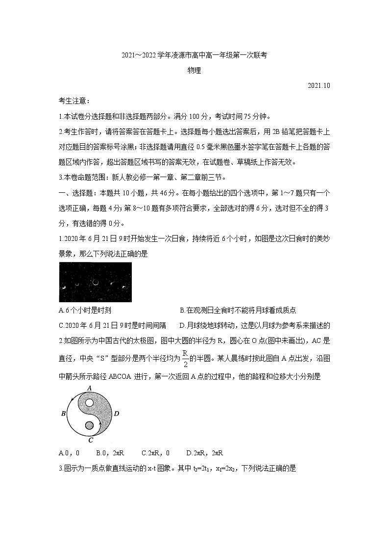 辽宁省朝阳市凌源市2021-2022学年高一上学期第一次联考 物理 含答案第1页