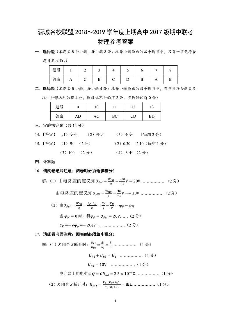 2018~2019学年度上期高中2017级期中联考物理参考答案第1页