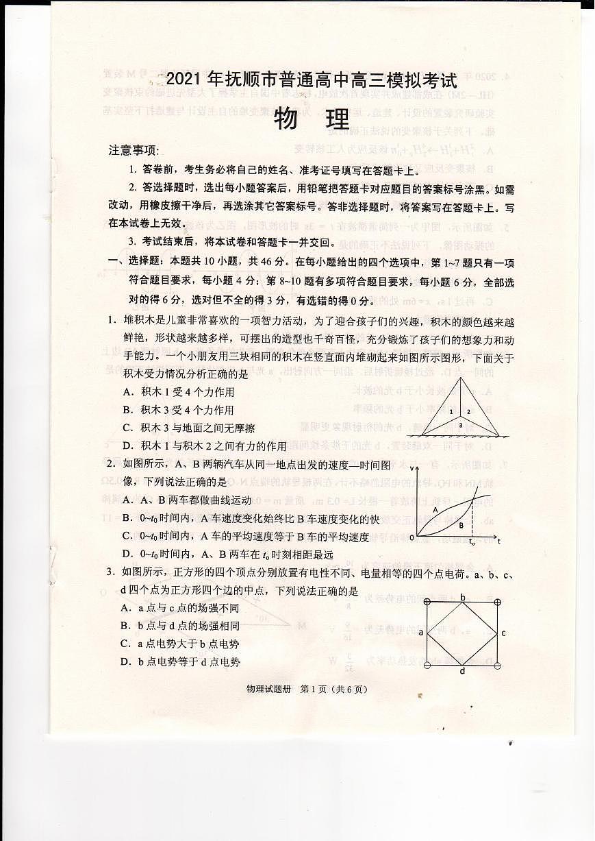 遼寧省撫順市2021屆高三一模物理試卷（含答案）第1頁
