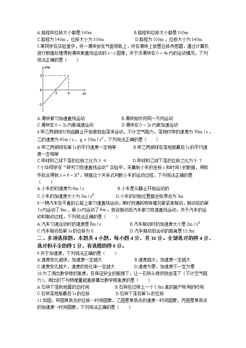 2021-2022学年山东省临沂市兰陵县高一上学期期中考试物理试题02