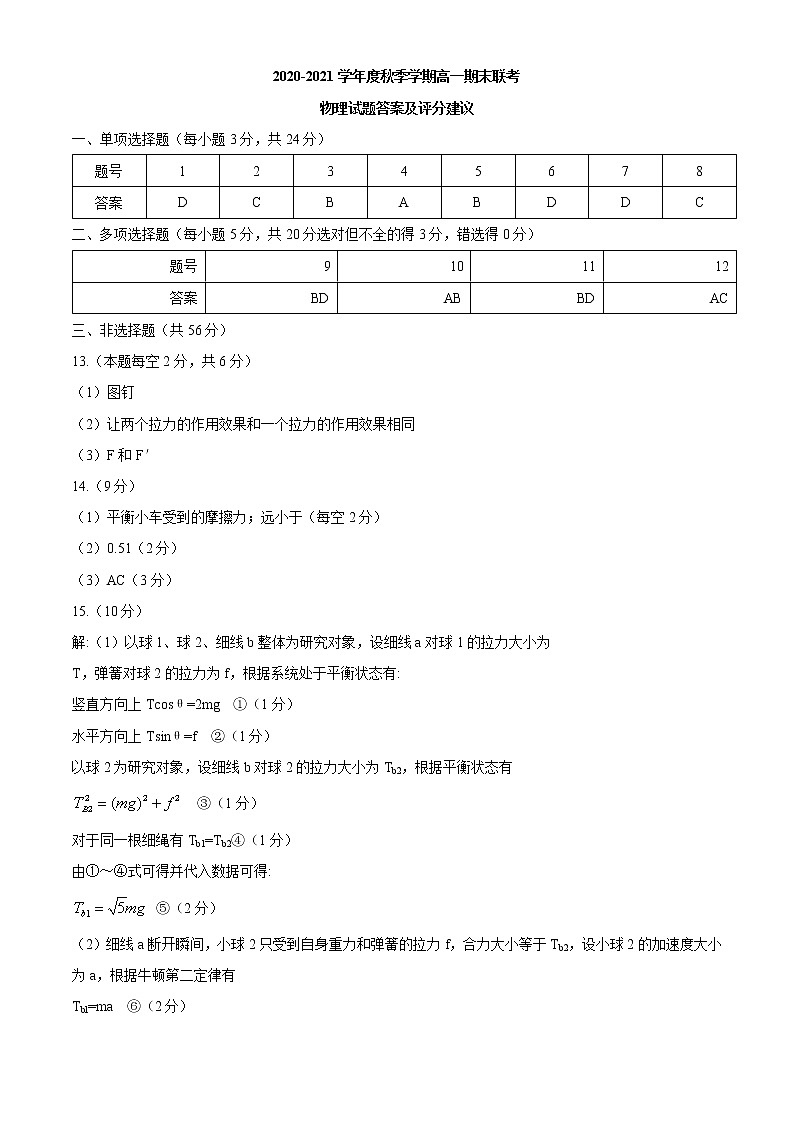 湖北省天门市2020-2021学年高一(上)期末物理试题答案第1页