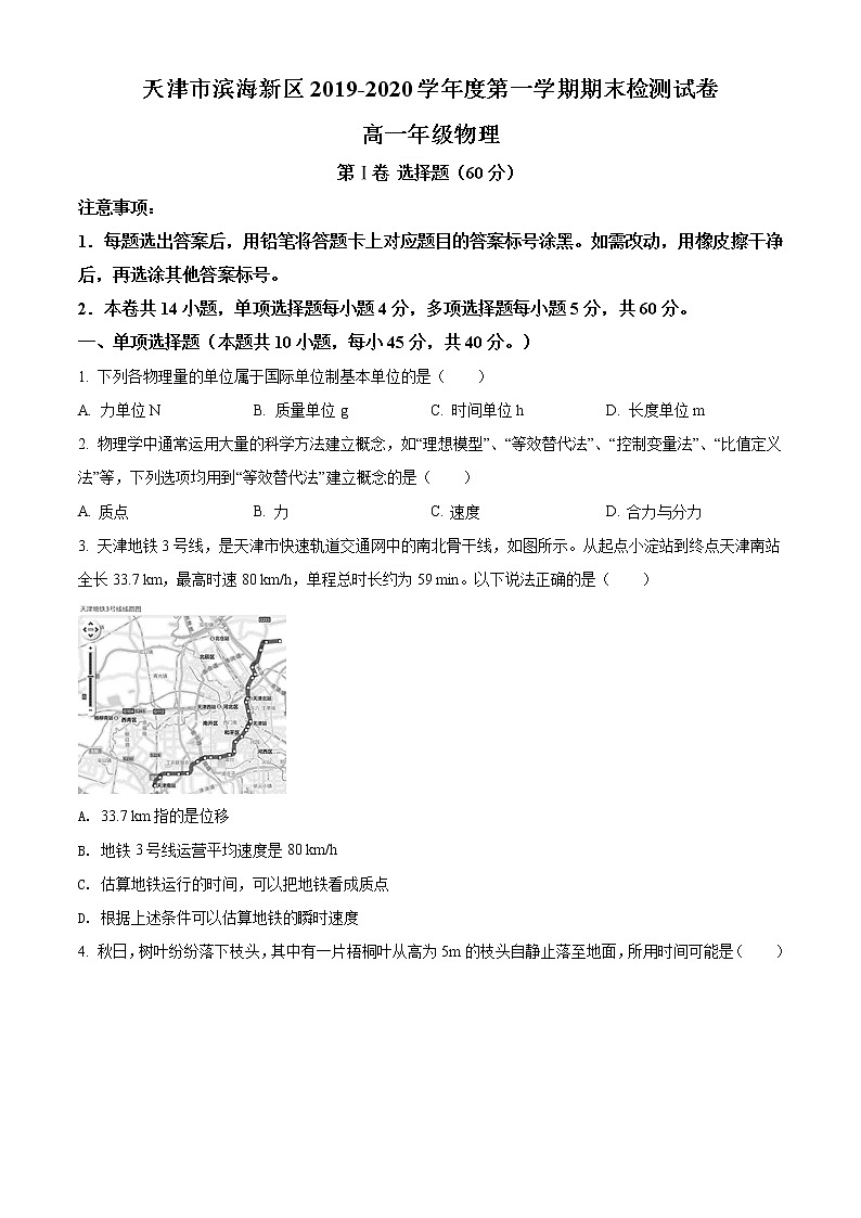 天津市滨海新区期末物理试题(原卷版)第1页