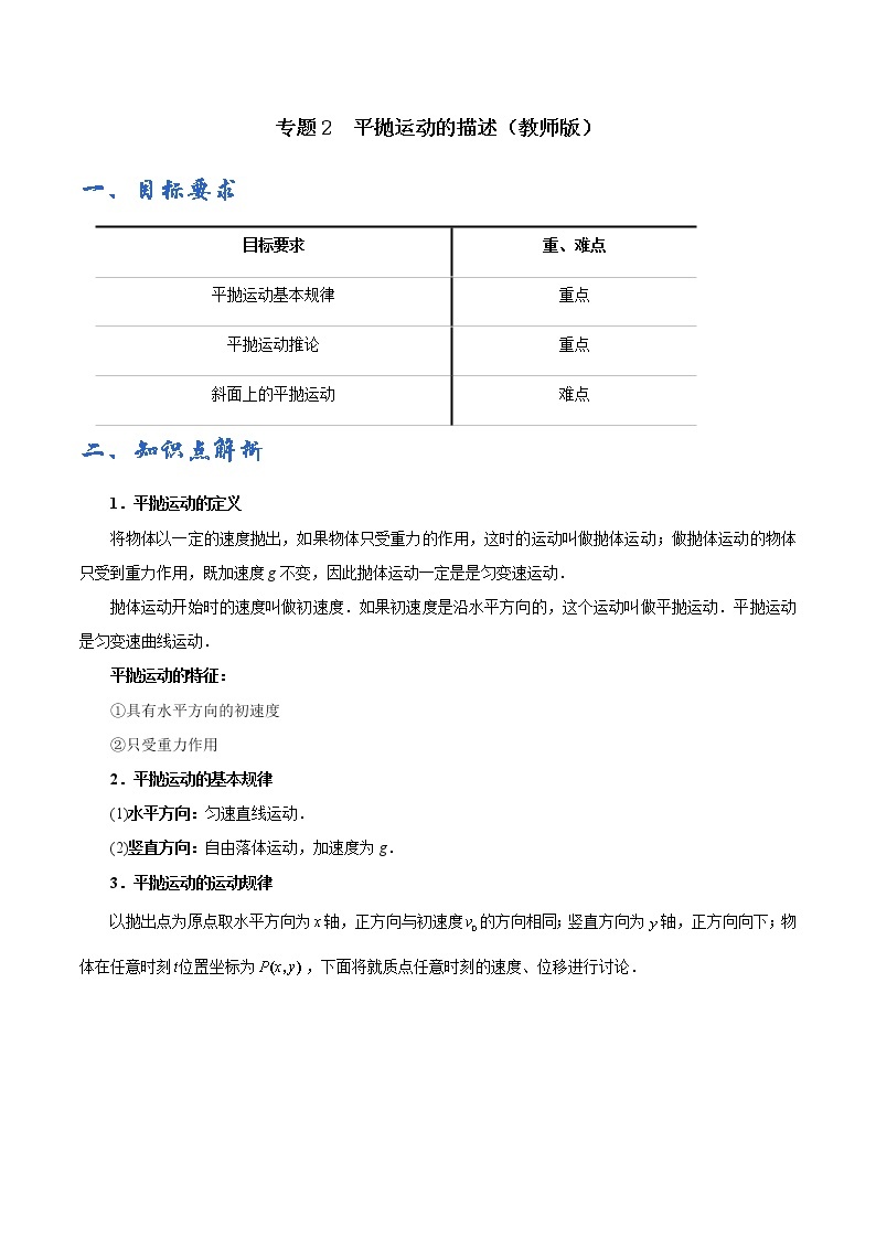 专题02  平抛运动的描述学案01