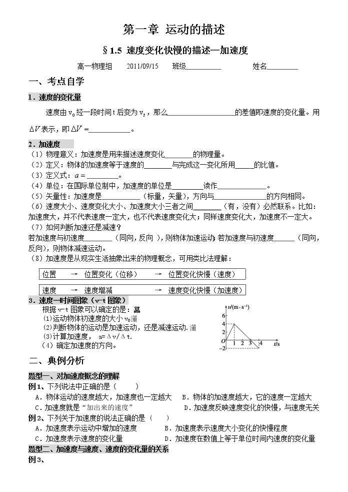 1.5《速度变化快慢的描述—加速度》学案 （人教版必修1）01