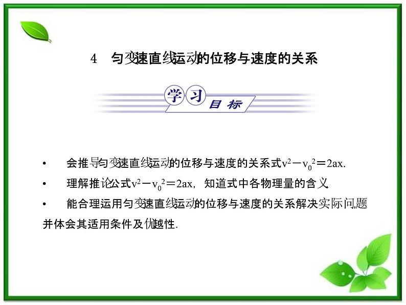 【同步推荐】人教版必修1物理同步教学课件:2.4《匀变速直线运动的位移与速度的关系》01