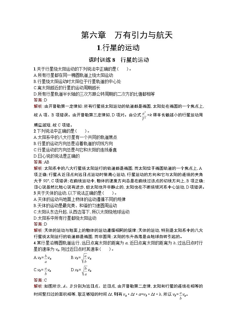 高中物理优化设计人教版必修2《行星的运动》课时训练8第1页