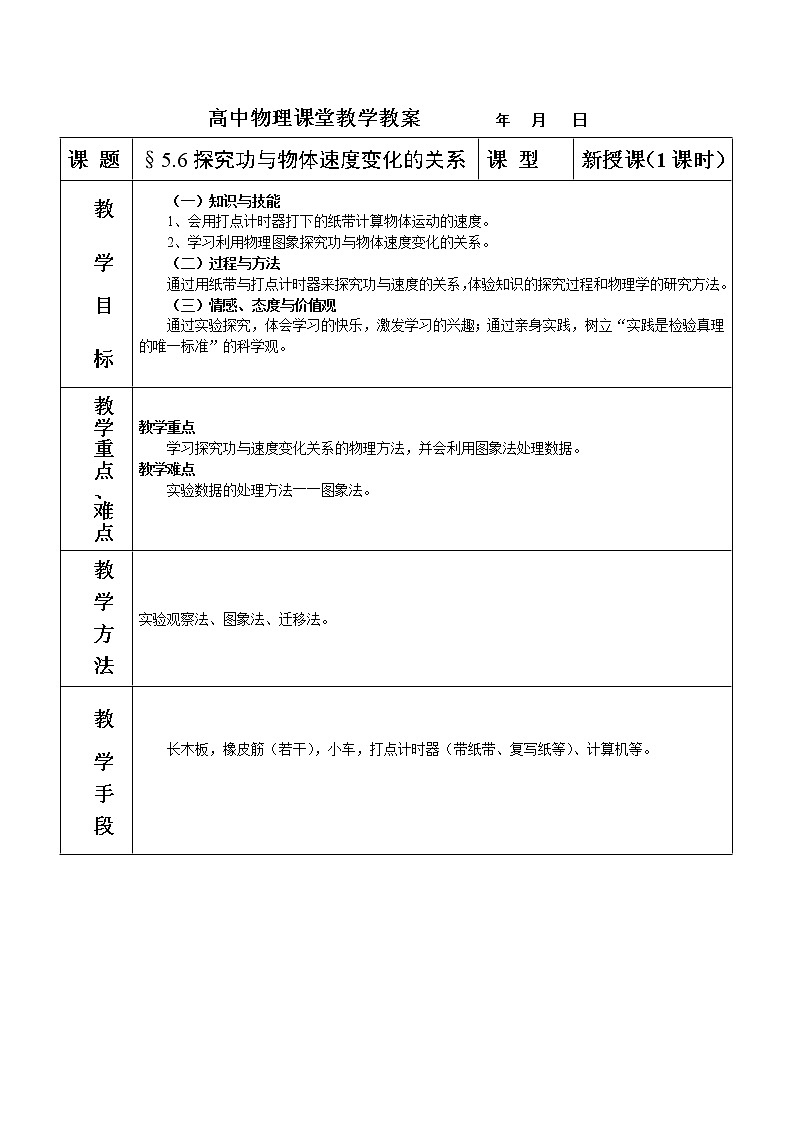 《探究功与物体速度变化的关系》教案2(新人教版必修2)第1页