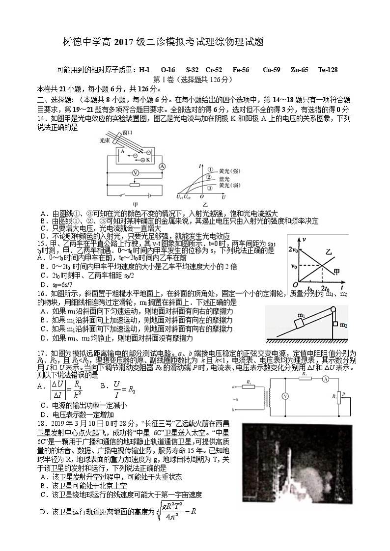 四川省成都市树德中学高2017级二诊模拟考试理科综合物理试题第1页