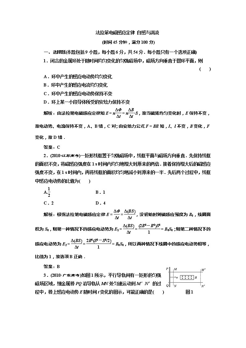 高考物理创新方案(人教版) 同步 : 法拉第电磁感应定律 自感与涡流练习题第1页
