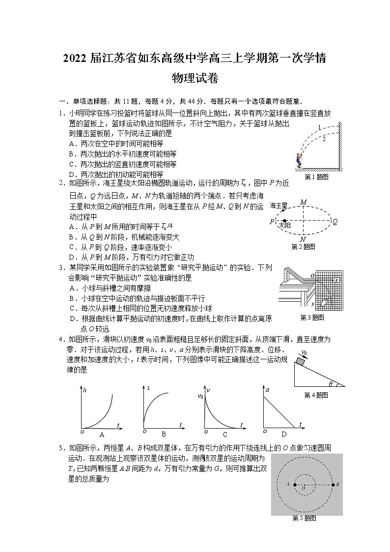 2022届江苏省如东高级中学高三上学期第一次学情检测物理试题(word版)第1页