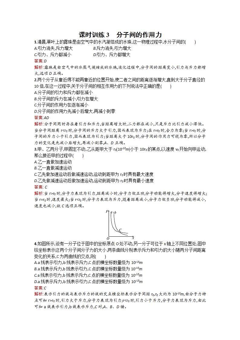 2014年春高二物理备课同步(人教版选修3-3)配套课时训练:课时训练3《分子间的作用力》第1页
