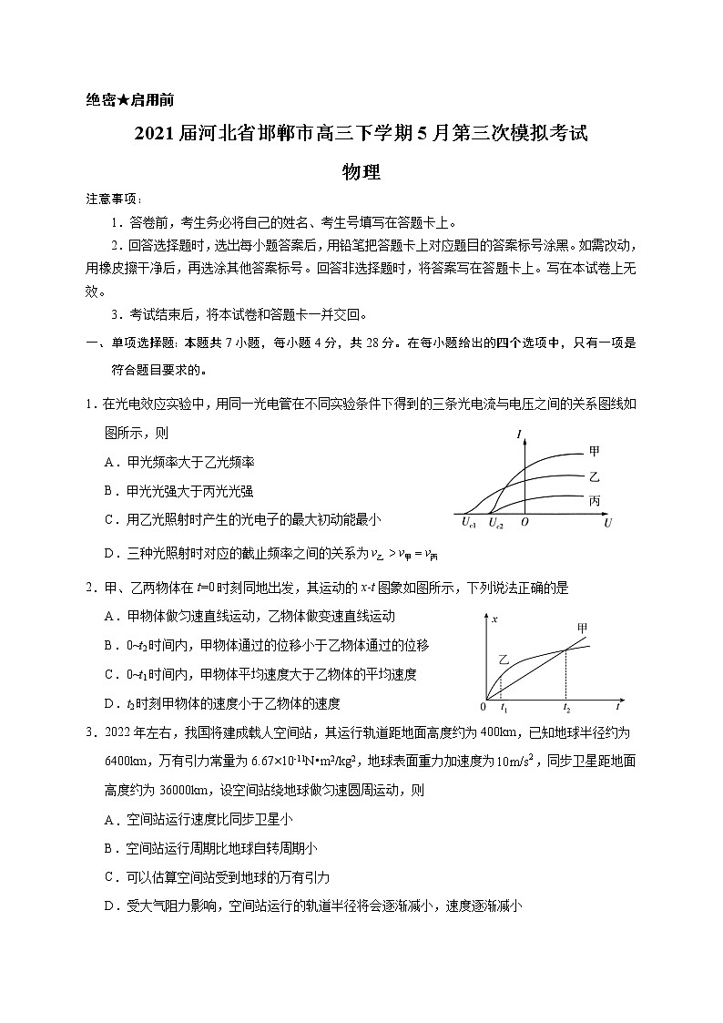 2021届河北省邯郸市高三下学期5月第三次模拟考试物理试题第1页