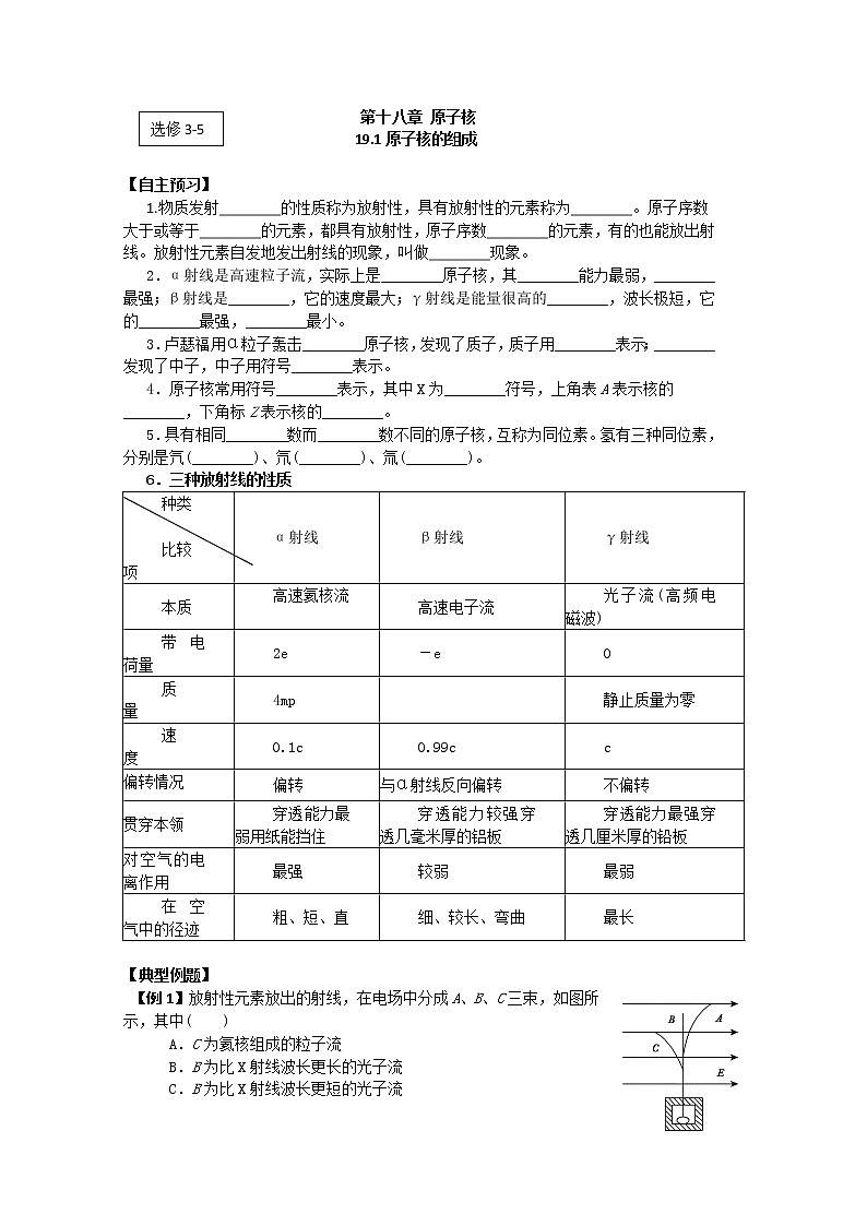 高二物理(人教版)选修3-5(自主预习+典型例题+课后练习):19.1《原子核的组成》含答案解析第1页