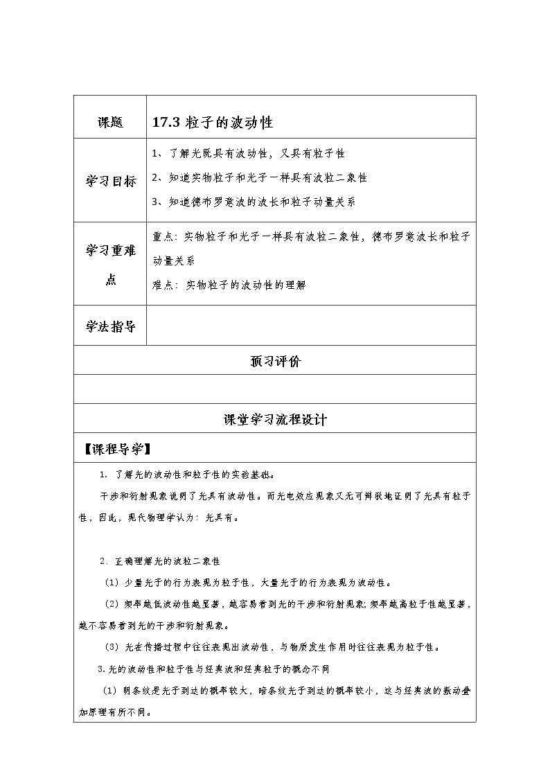 湖北大学附属中学物理（选修3-5）导学案 17.3《粒子的波动性》（人教版）01