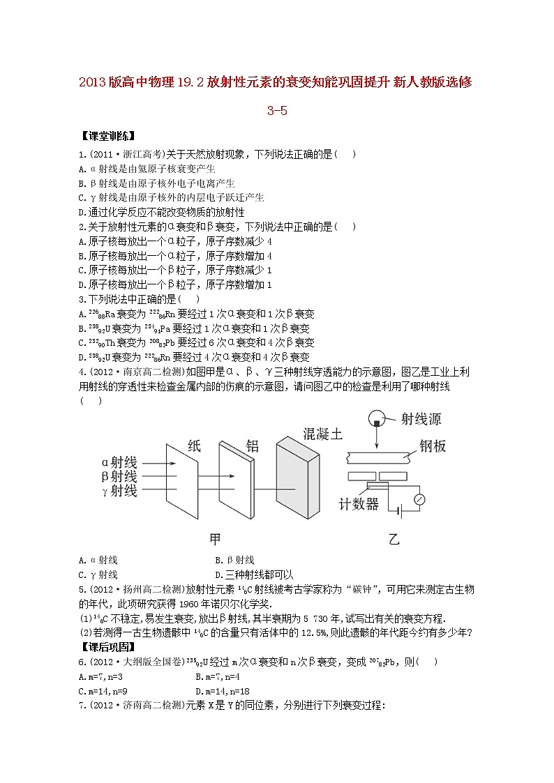 高二物理:19.2《放射性元素的衰变》同步(新人教版)选修3-5练习题第1页