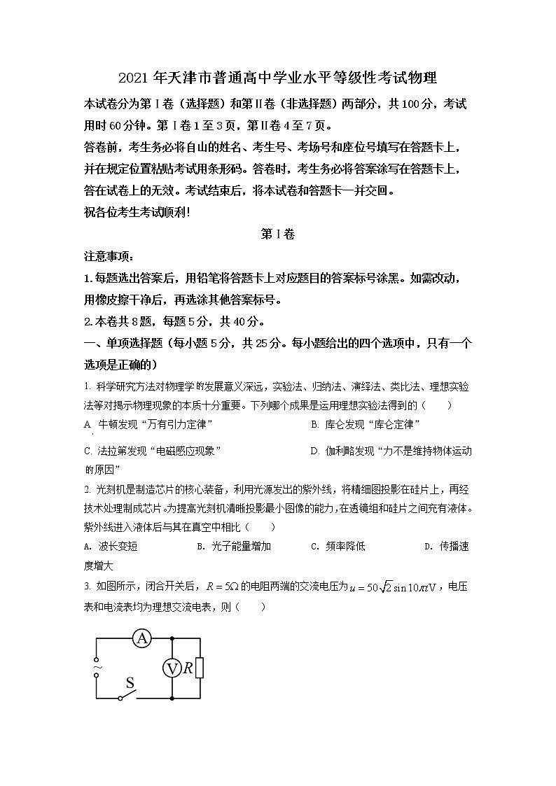 2021年天津市普通高中學(xué)業(yè)水平等級性考試物理試卷（天津卷）（原卷版）第1頁