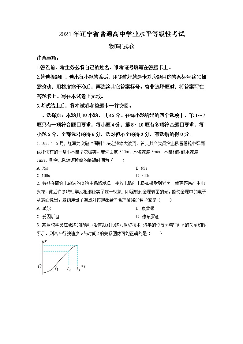 2021年遼寧省普通高中學(xué)業(yè)水平選擇性考試物理試題（遼寧卷）（原卷版）第1頁