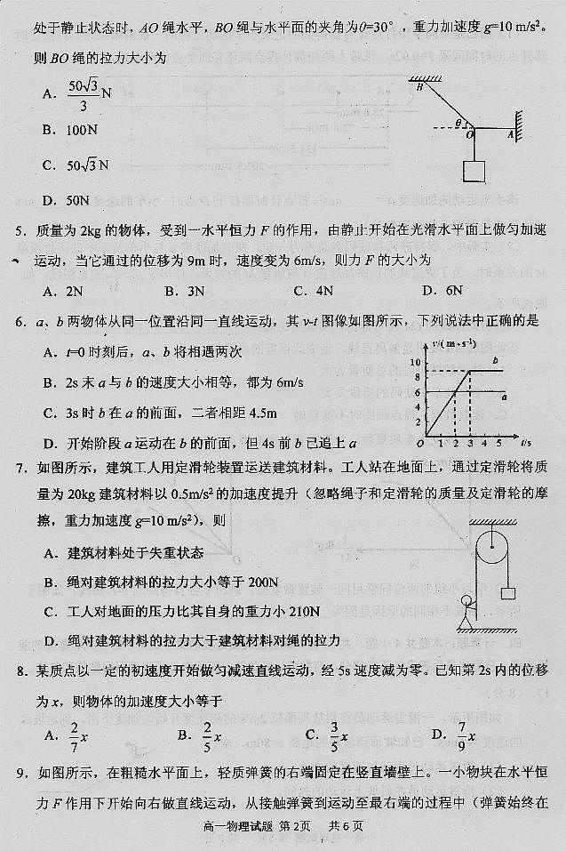2017-2018学年四川省眉山市高中高一上学期期末教学质量检测物理试题 PDF版含答案第2页