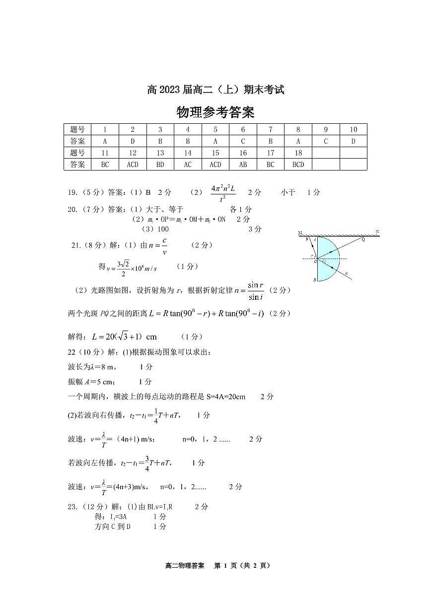 重慶巴蜀中學(xué)2021-2022學(xué)年高二上學(xué)期期末物理試卷答案第1頁